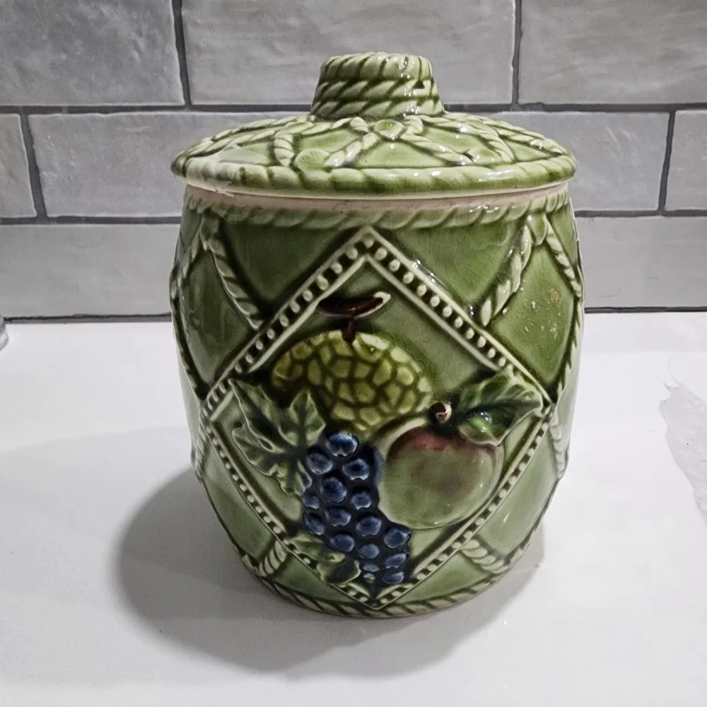 Japan Green Ceramic Fruit Embossed Biscuit Jar. Vintage